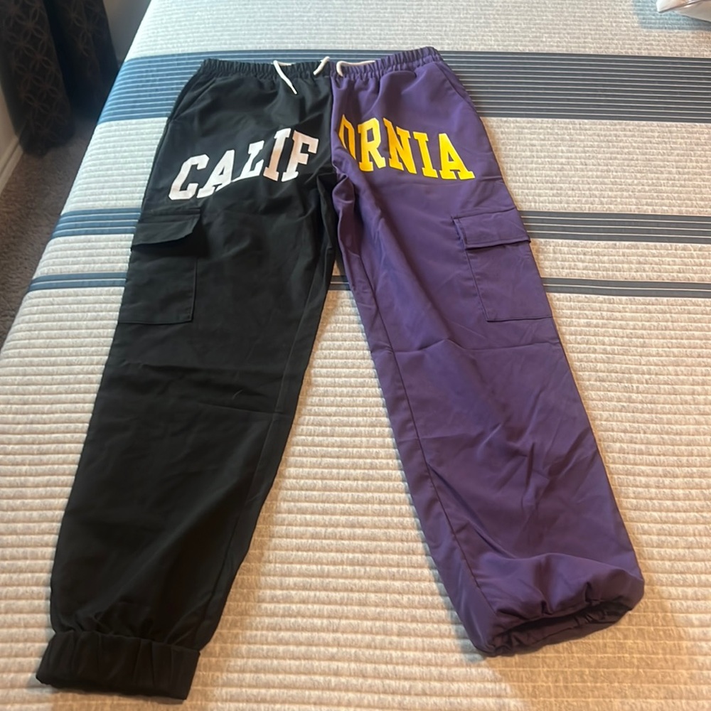 Rowme black and purple California joggers with side leg pockets